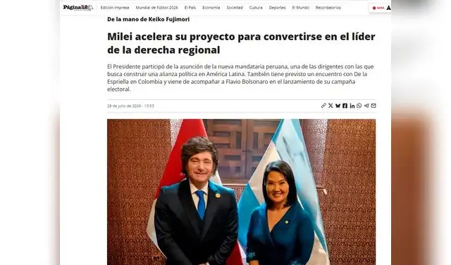 Así informó Página12 sobre el encuentro entre Milei y Fujimori tras la investidura en Perú. Foto: Página12 Así informó Página12 sobre el encuentro entre Milei y Fujimori tras la investidura en Perú. Foto: Página12