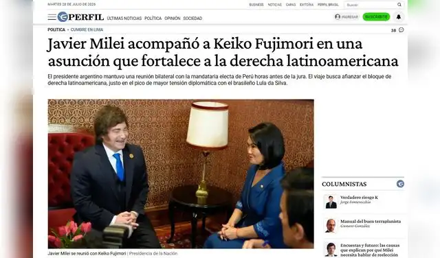 Así informó Perfil sobre el encuentro entre Milei y Fujimori tras la investidura en Perú. Foto: Perfil Así informó Perfil sobre el encuentro entre Milei y Fujimori tras la investidura en Perú. Foto: Perfil