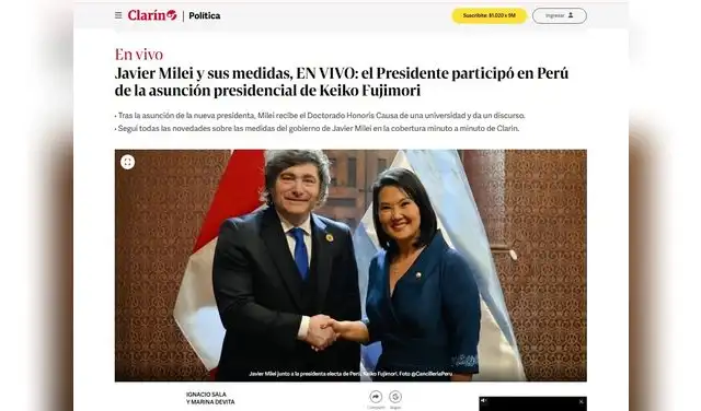 Así reaccionó Clarín sobre el encuentro entre Milei y Fujimori tras la investidura en Perú. Foto: Clarín Así reaccionó Clarín sobre el encuentro entre Milei y Fujimori tras la investidura en Perú. Foto: Clarín