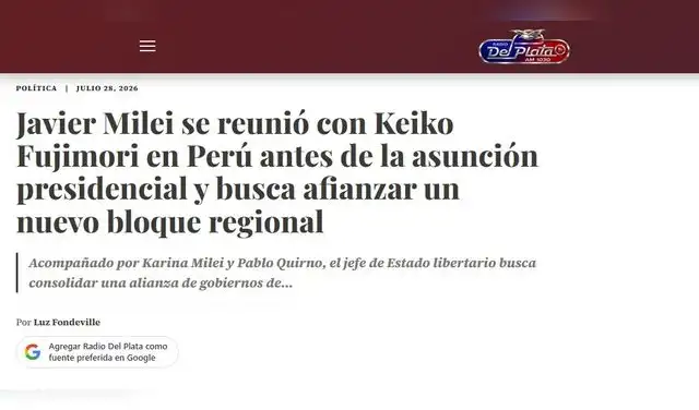 Así reaccionó Radio del Plata sobre el encuentro entre Milei y Fujimori tras la investidura en Perú. Foto: Radio del Plata Así reaccionó Radio del Plata sobre el encuentro entre Milei y Fujimori tras la investidura en Perú. Foto: Radio del Plata