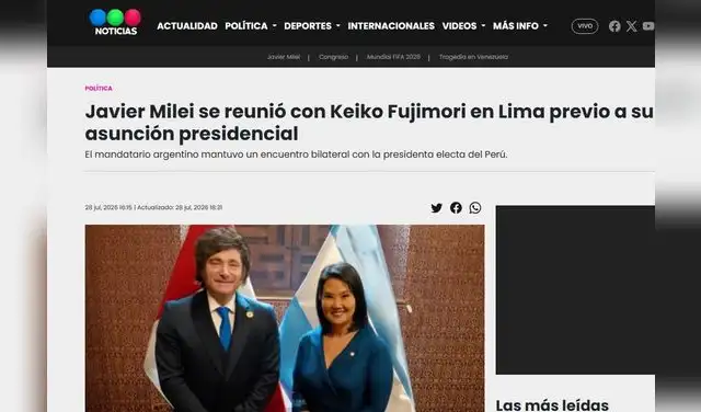 Así informó Telefe Noticias sobre el encuentro entre Milei y Fujimori tras la investidura en Perú. Foto: Telefe Noticias Así informó Telefe Noticias sobre el encuentro entre Milei y Fujimori tras la investidura en Perú. Foto: Telefe Noticias