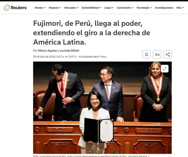 Reuters destaca que la elección de Fujimori Reuters destaca que la elección de Fujimori