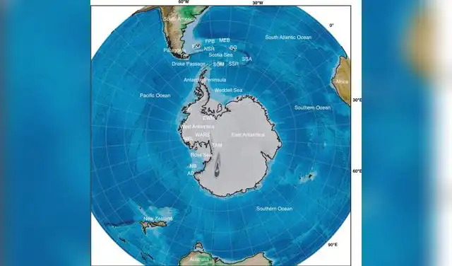Mapa circumantártico con abreviaturas de cuencas, montañas, islas, dorsales y rifts principales de la región. Foto: ScienceDirect Mapa circumantártico con abreviaturas de cuencas, montañas, islas, dorsales y rifts principales de la región. Foto: ScienceDirect